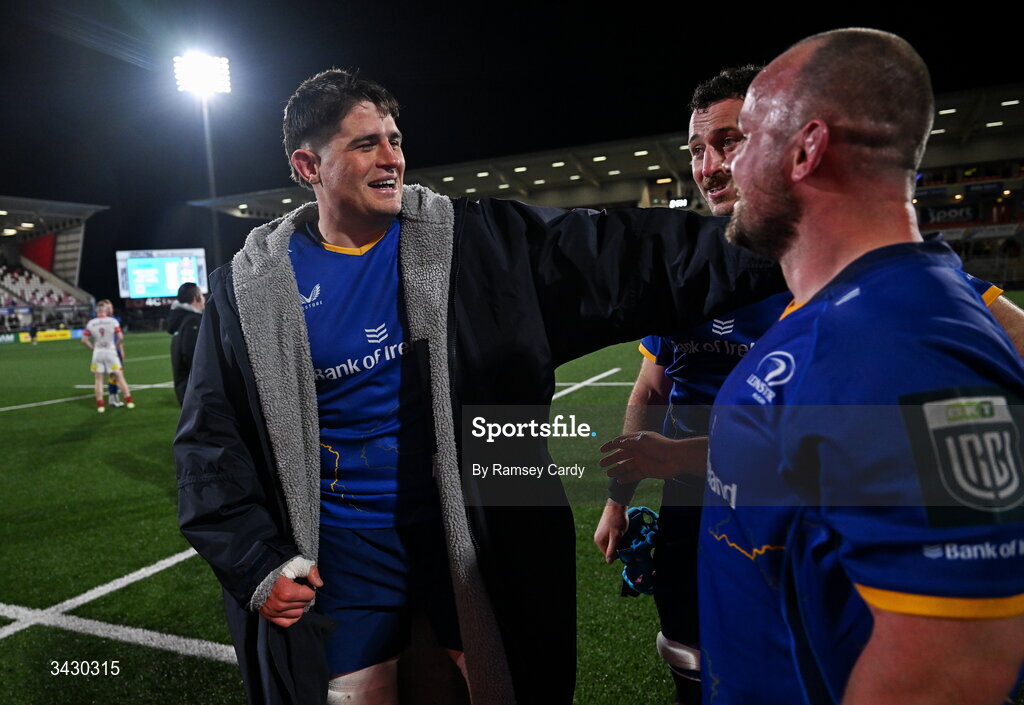 17 April 2026; Alex Soroka, left, Will Connors, centre, and Ed Byrne of Leinster after the United Rugby Championship match between Ulster and Leinster at Affidea Stadium in Belfast. Photo by Ramsey Cardy/Sportsfile