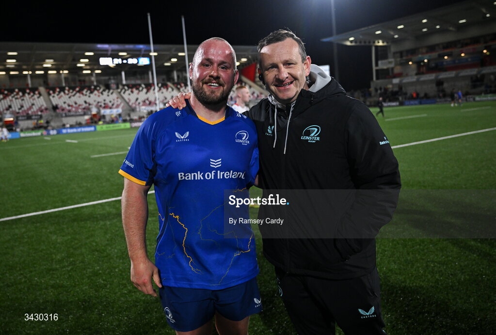 17 April 2026; Ed Byrne of Leinster and Leinster team operations manager Gafyn Cooper after the United Rugby Championship match between Ulster and Leinster at Affidea Stadium in Belfast. Photo by Ramsey Cardy/Sportsfile