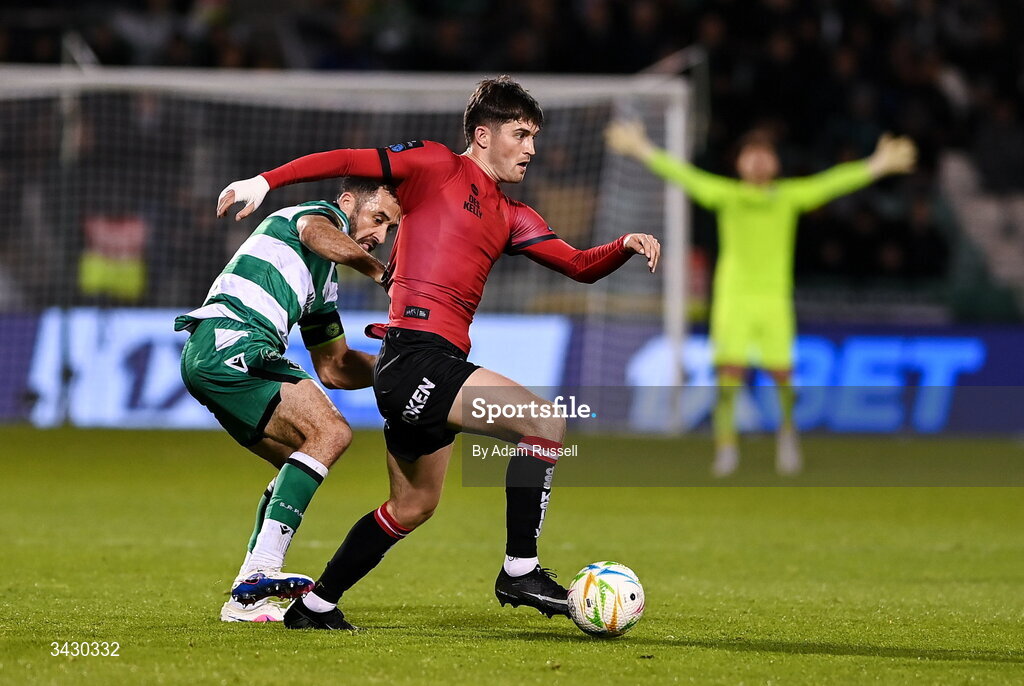 17 April 2026; Colm Whelan of Bohemians is tackled by Roberto Lopes of Shamrock Rovers during the SSE Airtricity Men's Premier Division match between Shamrock Rovers and Bohemians at Tallaght Stadium in Dublin. Photo by Adam Russell/Sportsfile