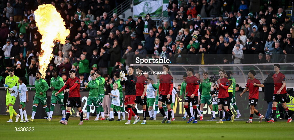 17 April 2026; Bohemians and Shamrock Rovers players walk out for the SSE Airtricity Men's Premier Division match between Shamrock Rovers and Bohemians at Tallaght Stadium in Dublin. Photo by Adam Russell/Sportsfile