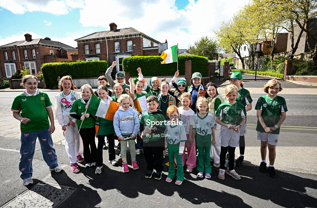 18 April 2026; Republic of Ireland supporters and Ratoath Hearts players before the 2027 FIFA Women’s World Cup Qualifier match between Republic of Ireland and Poland at the Aviva Stadium in Dublin. Photo by Seb Daly/Sportsfile