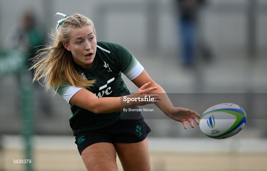 18 April 2026; Alex Connor of Ireland warms-up before the Women's U21 Six Nations Series match between Ireland and Italy at Dexcom Stadium in Galway. Photo by Brendan Moran/Sportsfile
