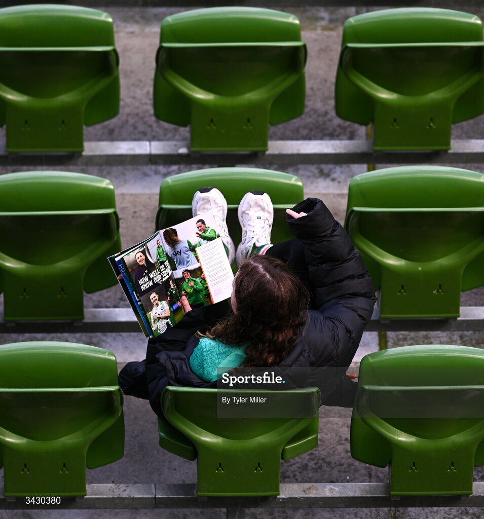 18 April 2026; A supporter reads the programme before the 2027 FIFA Women’s World Cup Qualifier match between Republic of Ireland and Poland at the Aviva Stadium in Dublin. Photo by Tyler Miller/Sportsfile