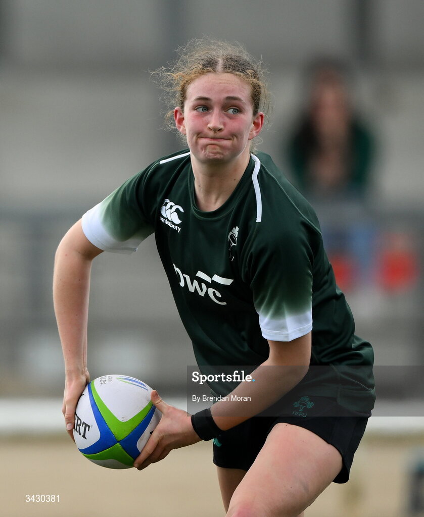 18 April 2026; Ellie O'Sullivan-Sexton of Ireland warms-up before the Women's U21 Six Nations Series match between Ireland and Italy at Dexcom Stadium in Galway. Photo by Brendan Moran/Sportsfile