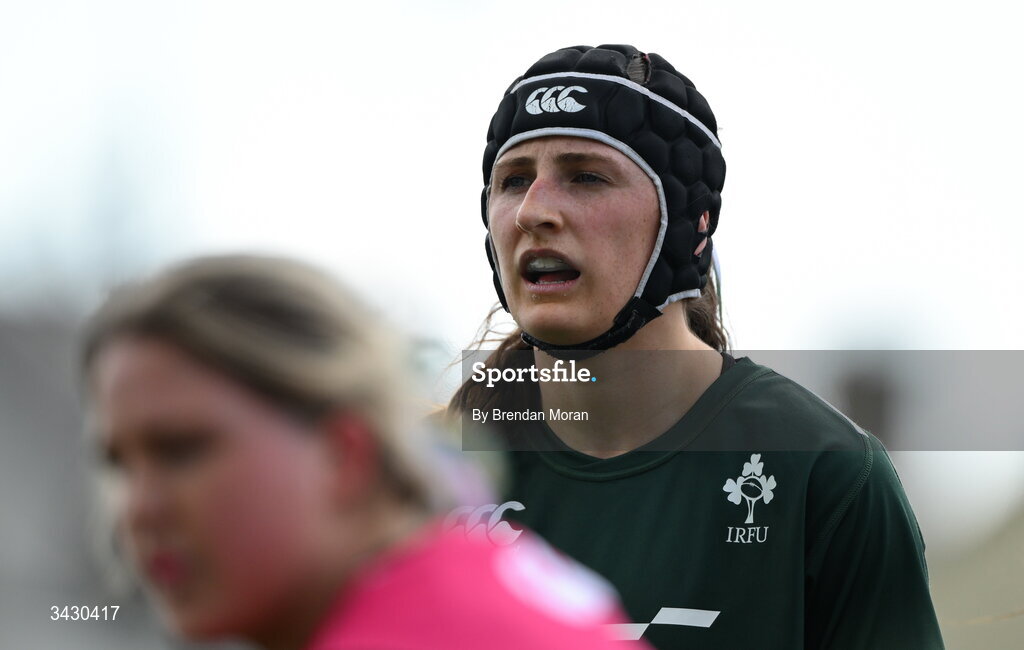 18 April 2026; Aoibhe O'Flynn of Ireland warms-up before the Women's U21 Six Nations Series match between Ireland and Italy at Dexcom Stadium in Galway. Photo by Brendan Moran/Sportsfile
