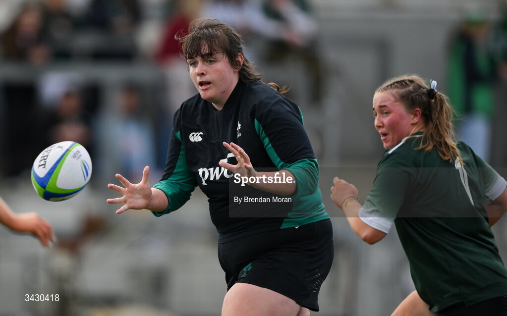 18 April 2026; Roisín Maher of Ireland warms-up before the Women's U21 Six Nations Series match between Ireland and Italy at Dexcom Stadium in Galway. Photo by Brendan Moran/Sportsfile