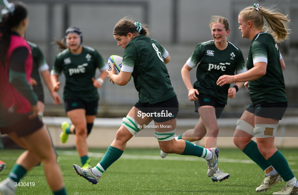 18 April 2026; Jemima Adams Verling of Ireland, centre, warms-up before the Women's U21 Six Nations Series match between Ireland and Italy at Dexcom Stadium in Galway. Photo by Brendan Moran/Sportsfile