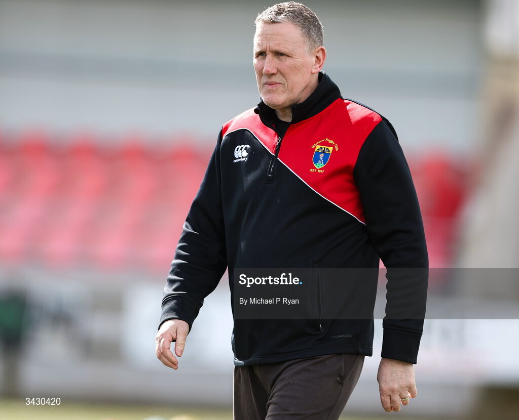 18 April 2026; Wicklow head coach Jason Moreton before the Energia Women's All-Ireland League Conference final between Galwegians RFC and Wicklow RFC at Mullingar RFC in Mullingar, Westmeath. Photo by Michael P Ryan/Sportsfile