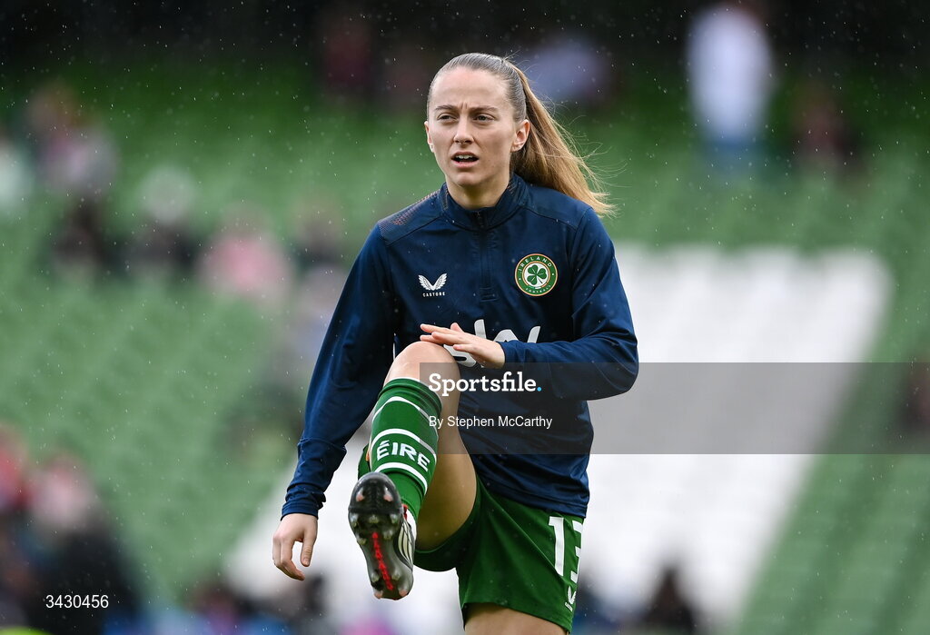 18 April 2026; Aoibheann Clancy of Republic of Ireland before the 2027 FIFA Women’s World Cup Qualifier match between Republic of Ireland and Poland at the Aviva Stadium in Dublin. Photo by Stephen McCarthy/Sportsfile