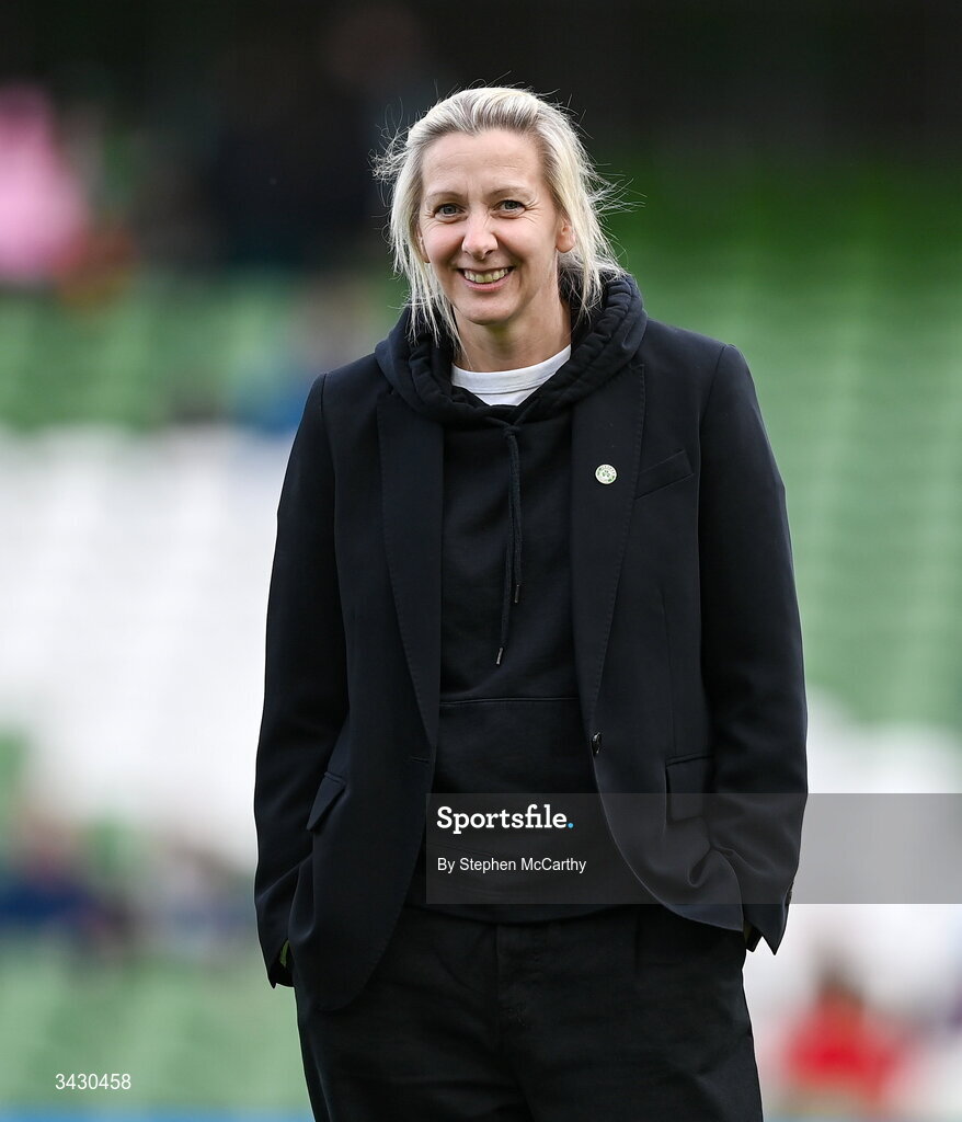 18 April 2026; Republic of Ireland head coach Carla Ward before the 2027 FIFA Women’s World Cup Qualifier match between Republic of Ireland and Poland at the Aviva Stadium in Dublin. Photo by Stephen McCarthy/Sportsfile