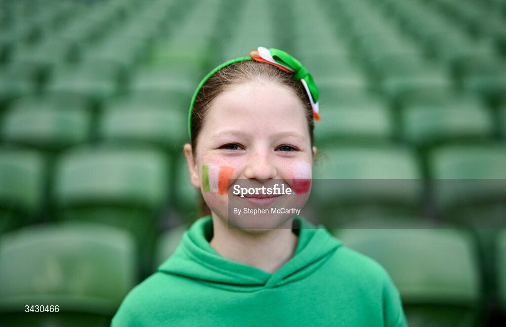 18 April 2026; A Republic of Ireland supporter before the 2027 FIFA Women’s World Cup Qualifier match between Republic of Ireland and Poland at the Aviva Stadium in Dublin. Photo by Stephen McCarthy/Sportsfile Photo by Stephen McCarthy/Sportsfile