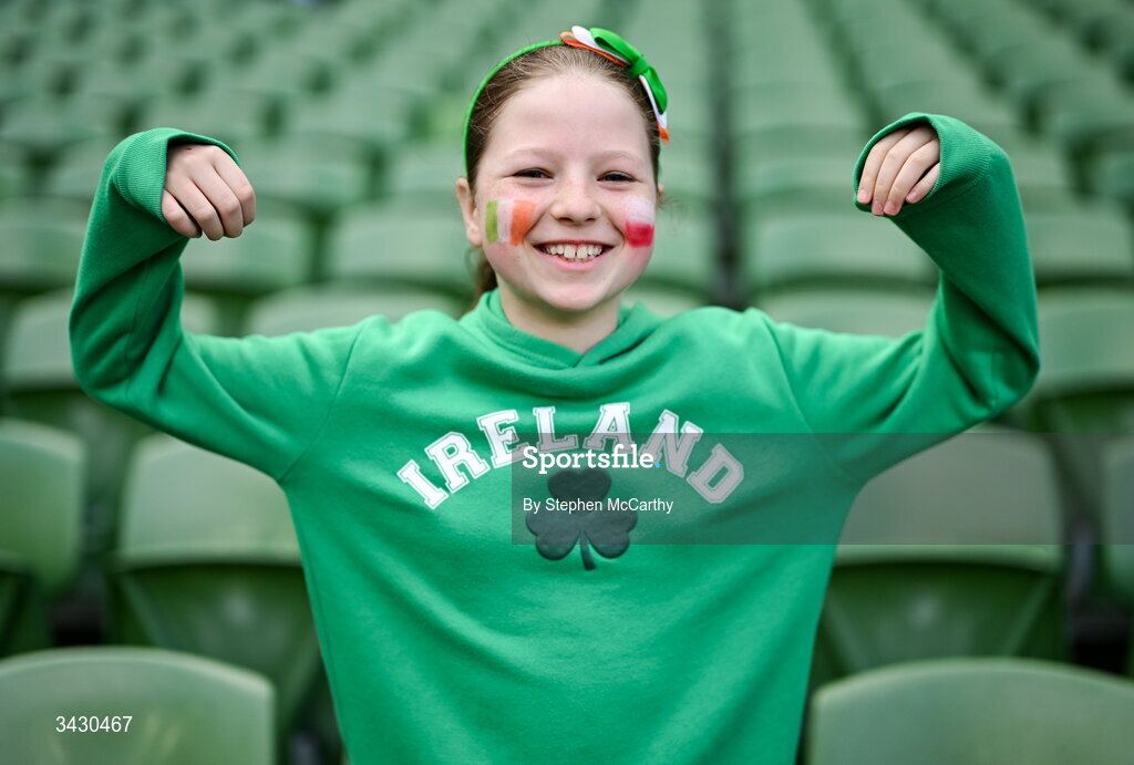 18 April 2026; A Republic of Ireland supporter before the 2027 FIFA Women’s World Cup Qualifier match between Republic of Ireland and Poland at the Aviva Stadium in Dublin. Photo by Stephen McCarthy/Sportsfile Photo by Stephen McCarthy/Sportsfile