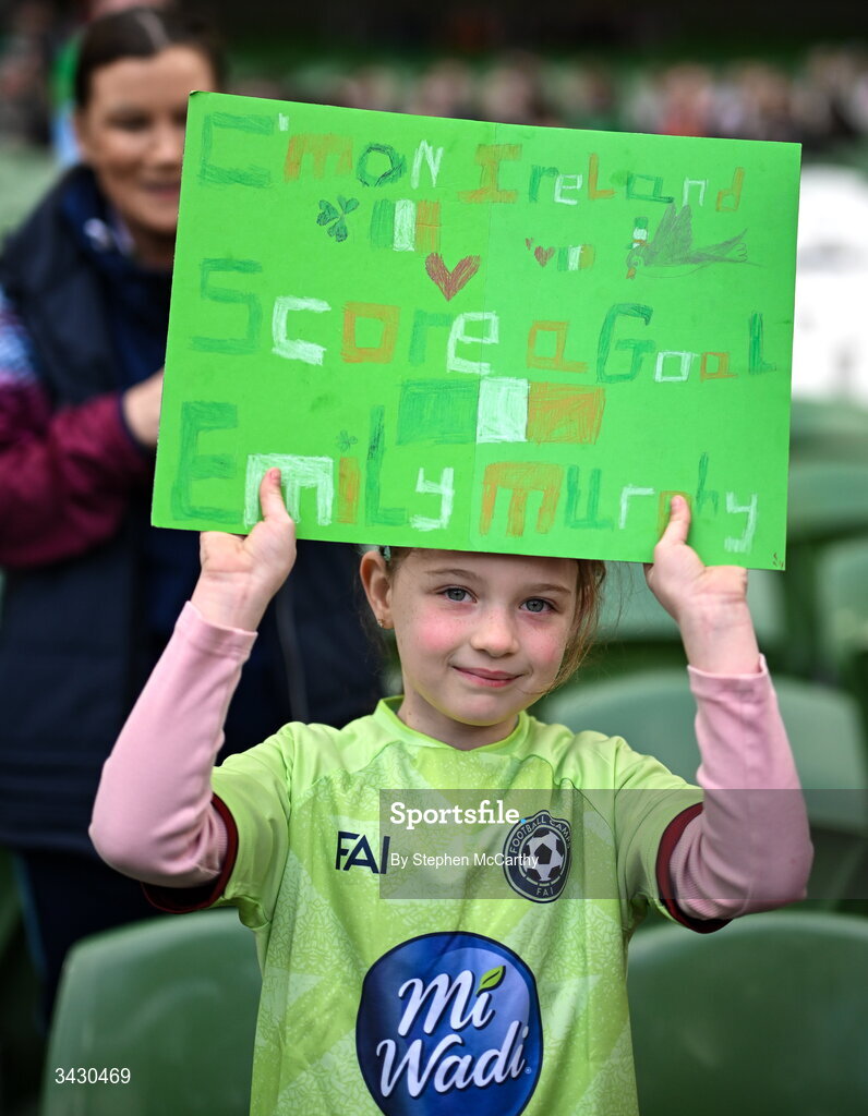 18 April 2026; A Republic of Ireland supporter before the 2027 FIFA Women’s World Cup Qualifier match between Republic of Ireland and Poland at the Aviva Stadium in Dublin. Photo by Stephen McCarthy/Sportsfile Photo by Stephen McCarthy/Sportsfile