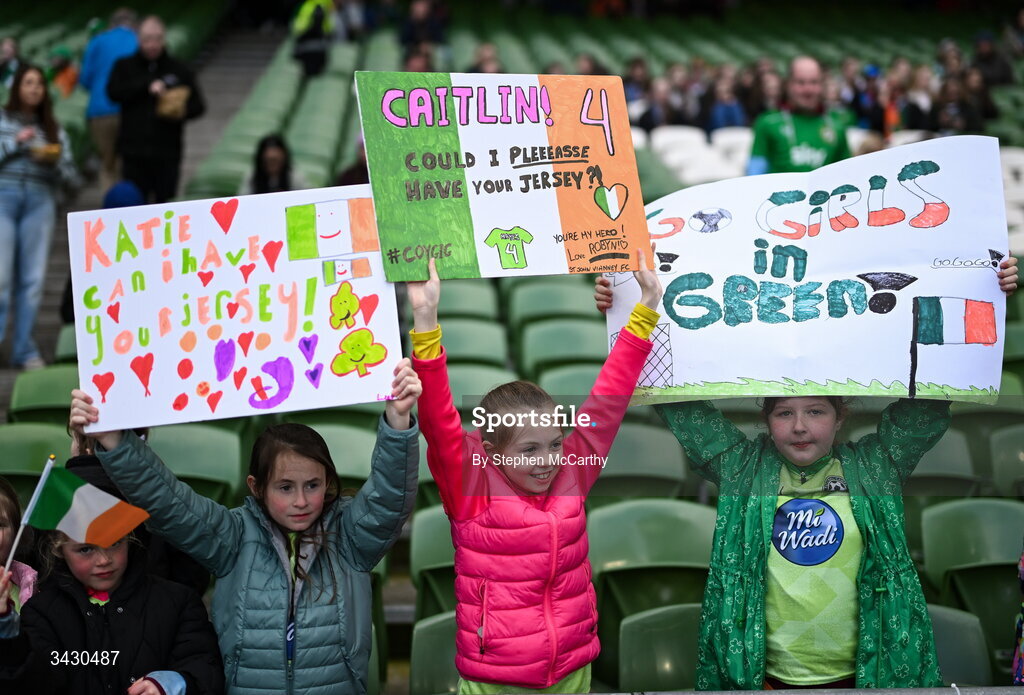 18 April 2026; Republic of Ireland supporters before the 2027 FIFA Women’s World Cup Qualifier match between Republic of Ireland and Poland at the Aviva Stadium in Dublin. Photo by Stephen McCarthy/Sportsfile Photo by Stephen McCarthy/Sportsfile