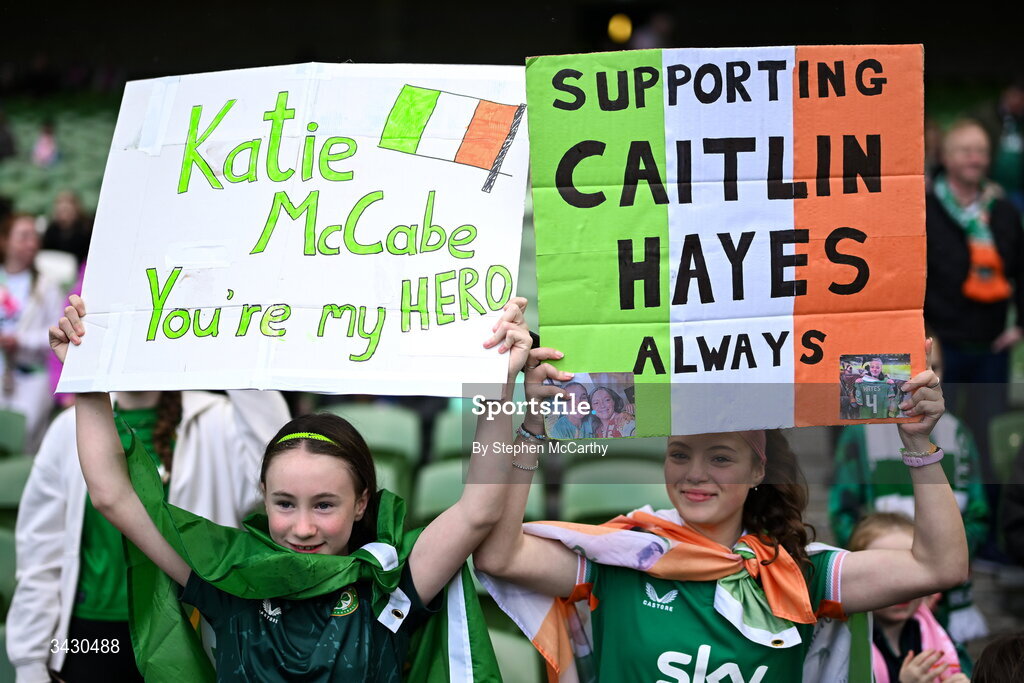 18 April 2026; Republic of Ireland supporters before the 2027 FIFA Women’s World Cup Qualifier match between Republic of Ireland and Poland at the Aviva Stadium in Dublin. Photo by Stephen McCarthy/Sportsfile Photo by Stephen McCarthy/Sportsfile