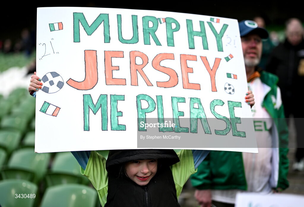 18 April 2026; A Republic of Ireland supporter before the 2027 FIFA Women’s World Cup Qualifier match between Republic of Ireland and Poland at the Aviva Stadium in Dublin. Photo by Stephen McCarthy/Sportsfile Photo by Stephen McCarthy/Sportsfile