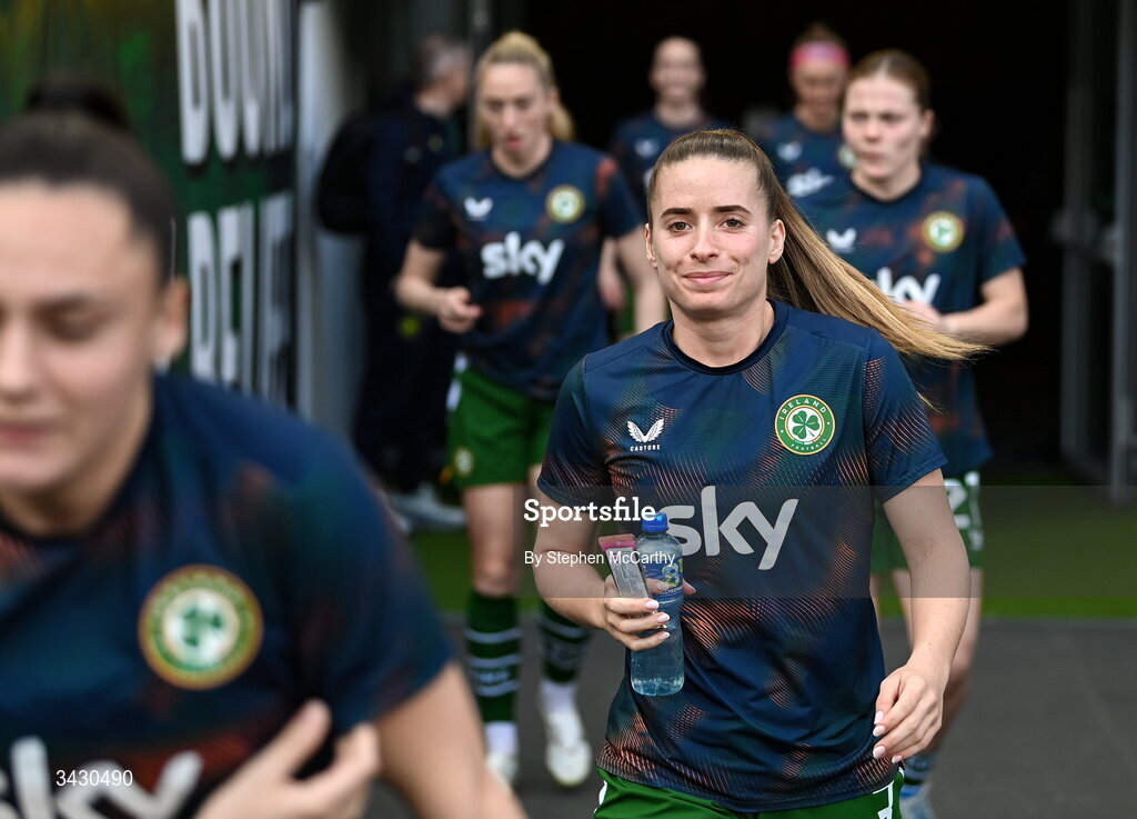18 April 2026; Chloe Mustaki of Republic of Ireland runs out before the 2027 FIFA Women’s World Cup Qualifier match between Republic of Ireland and Poland at the Aviva Stadium in Dublin. Photo by Stephen McCarthy/Sportsfile