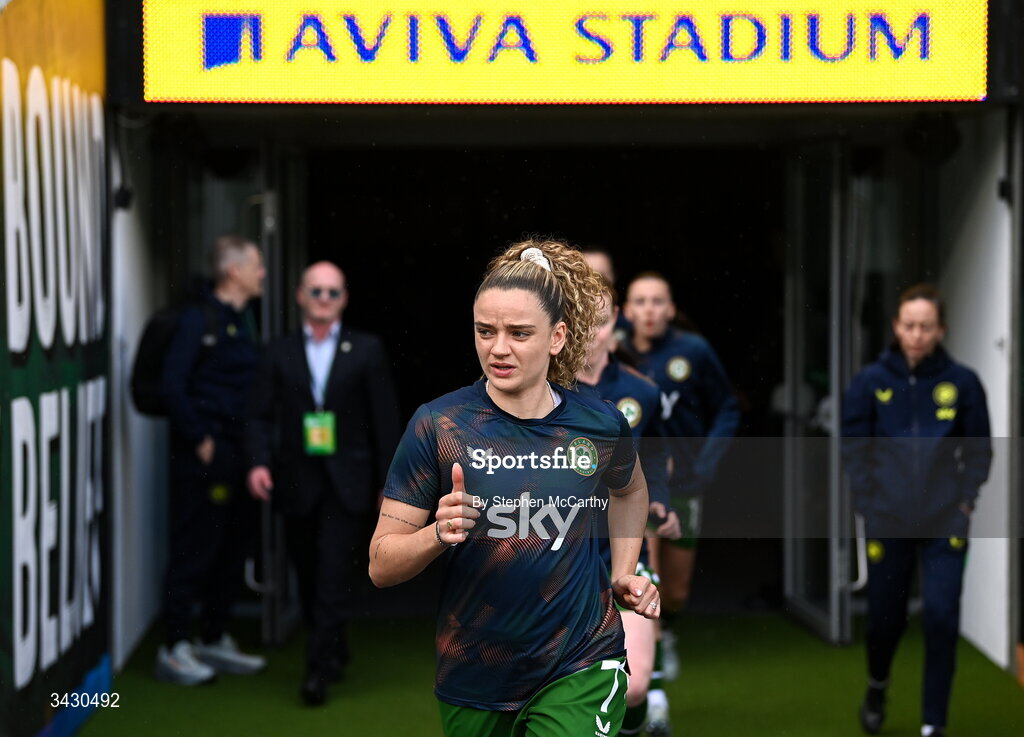 18 April 2026; Leanne Kiernan of Republic of Ireland runs out before the 2027 FIFA Women’s World Cup Qualifier match between Republic of Ireland and Poland at the Aviva Stadium in Dublin. Photo by Stephen McCarthy/Sportsfile