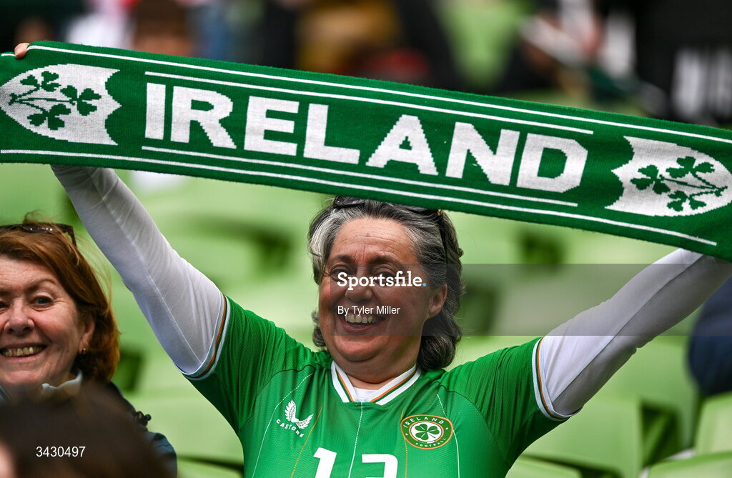 18 April 2026; A Republic of Ireland supporter before the 2027 FIFA Women’s World Cup Qualifier match between Republic of Ireland and Poland at the Aviva Stadium in Dublin. Photo by Tyler Miller/Sportsfile