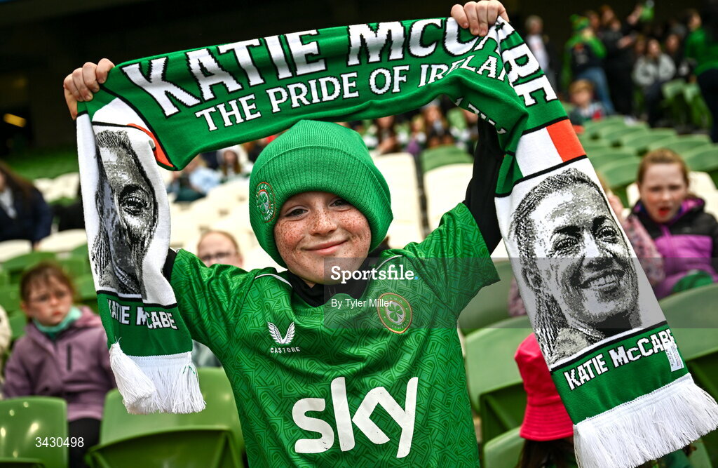 18 April 2026; Republic of Ireland supporter Jayden Irwin before the 2027 FIFA Women’s World Cup Qualifier match between Republic of Ireland and Poland at the Aviva Stadium in Dublin. Photo by Tyler Miller/Sportsfile