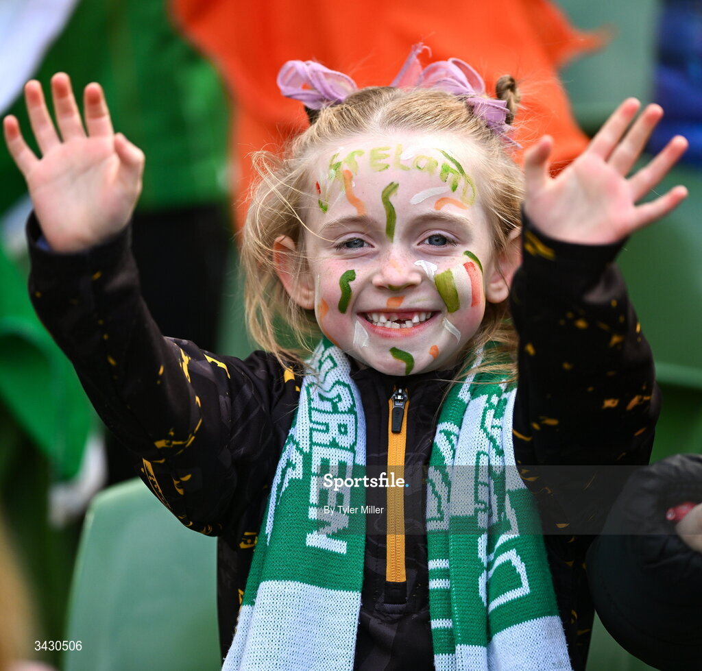 18 April 2026; A Republic of Ireland supporter before the 2027 FIFA Women’s World Cup Qualifier match between Republic of Ireland and Poland at the Aviva Stadium in Dublin. Photo by Tyler Miller/Sportsfile