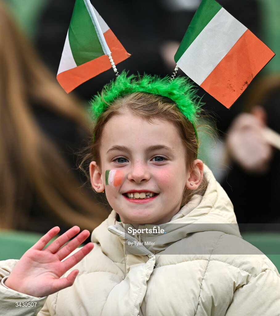 18 April 2026; A Republic of Ireland supporter before the 2027 FIFA Women’s World Cup Qualifier match between Republic of Ireland and Poland at the Aviva Stadium in Dublin. Photo by Tyler Miller/Sportsfile