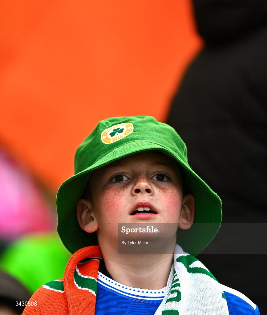 18 April 2026; A Republic of Ireland supporter before the 2027 FIFA Women’s World Cup Qualifier match between Republic of Ireland and Poland at the Aviva Stadium in Dublin. Photo by Tyler Miller/Sportsfile