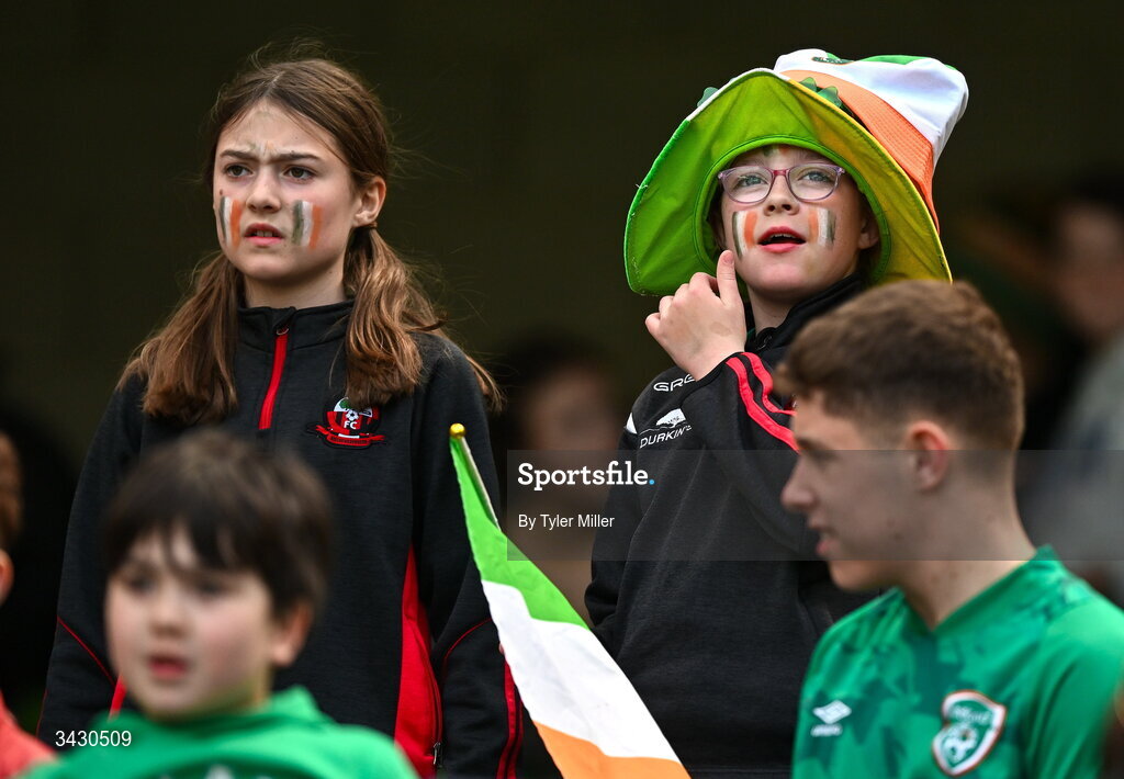 18 April 2026; Republic of Ireland supporters before the 2027 FIFA Women’s World Cup Qualifier match between Republic of Ireland and Poland at the Aviva Stadium in Dublin. Photo by Tyler Miller/Sportsfile