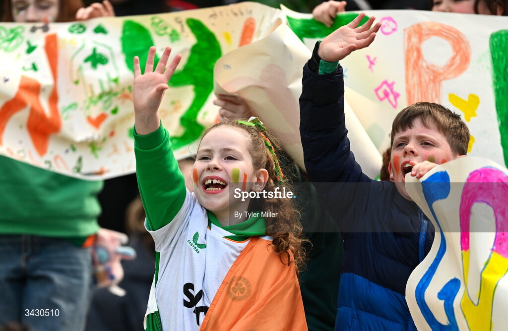 18 April 2026; Republic of Ireland supporters before the 2027 FIFA Women’s World Cup Qualifier match between Republic of Ireland and Poland at the Aviva Stadium in Dublin. Photo by Tyler Miller/Sportsfile