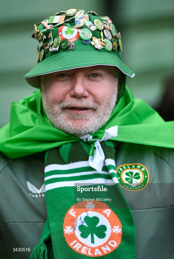 18 April 2026; Republic of Ireland supporter Aidan Mullen, from Swords, Dublin, before the 2027 FIFA Women’s World Cup Qualifier match between Republic of Ireland and Poland at the Aviva Stadium in Dublin. Photo by Stephen McCarthy/Sportsfile