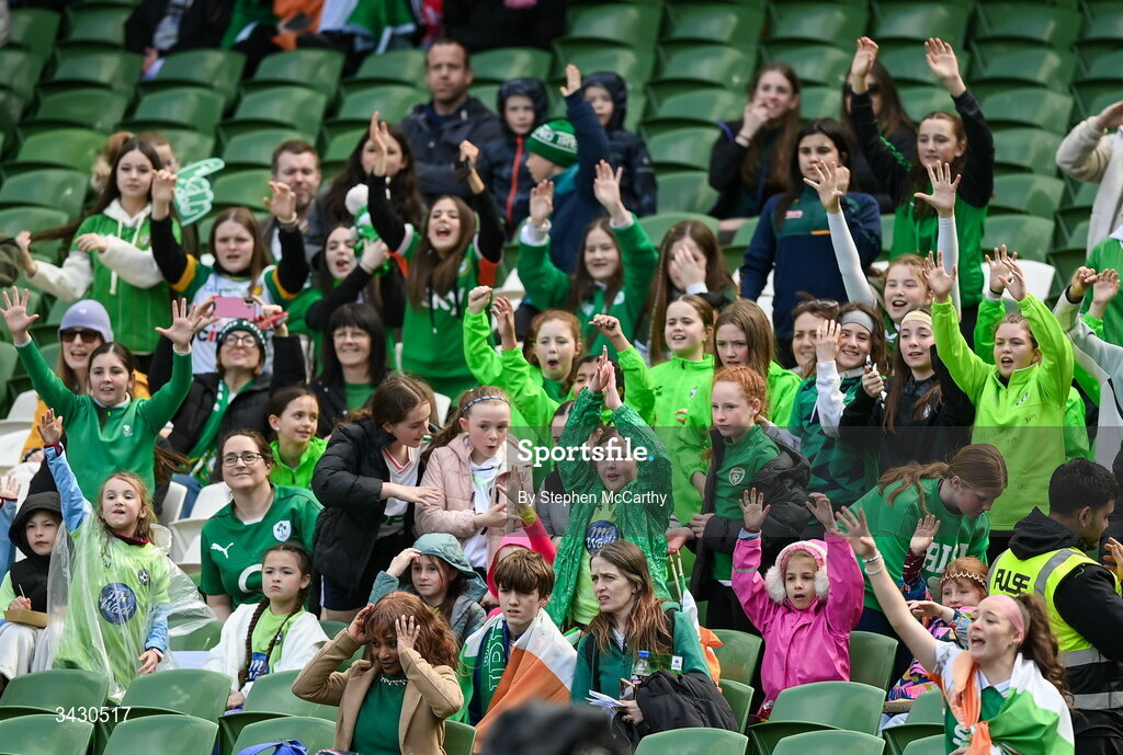 18 April 2026; Republic of Ireland supporters before the 2027 FIFA Women’s World Cup Qualifier match between Republic of Ireland and Poland at the Aviva Stadium in Dublin. Photo by Stephen McCarthy/Sportsfile