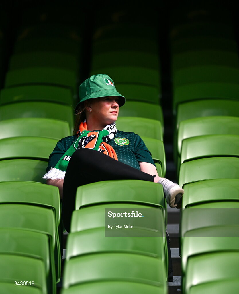 18 April 2026; A Republic of Ireland supporter before the 2027 FIFA Women’s World Cup Qualifier match between Republic of Ireland and Poland at the Aviva Stadium in Dublin. Photo by Tyler Miller/Sportsfile