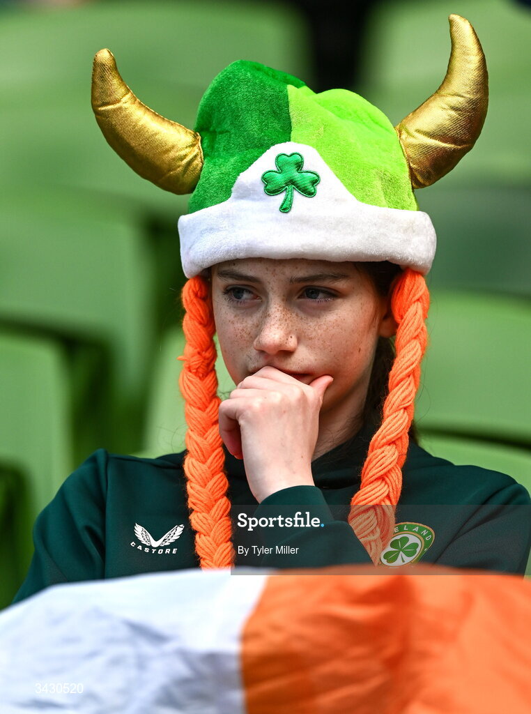 18 April 2026; A Republic of Ireland supporter before the 2027 FIFA Women’s World Cup Qualifier match between Republic of Ireland and Poland at the Aviva Stadium in Dublin. Photo by Tyler Miller/Sportsfile