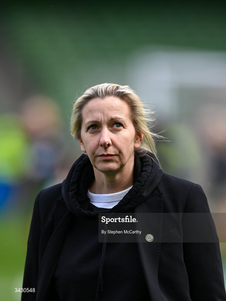 18 April 2026; Republic of Ireland head coach Carla Ward before the 2027 FIFA Women’s World Cup Qualifier match between Republic of Ireland and Poland at the Aviva Stadium in Dublin. Photo by Stephen McCarthy/Sportsfile