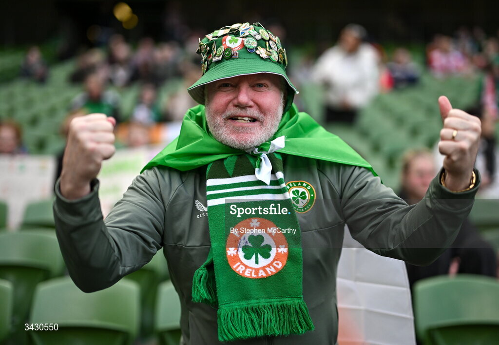 18 April 2026; Republic of Ireland supporter Aidan Mullen, from Swords, Dublin, before the 2027 FIFA Women’s World Cup Qualifier match between Republic of Ireland and Poland at the Aviva Stadium in Dublin. Photo by Stephen McCarthy/Sportsfile