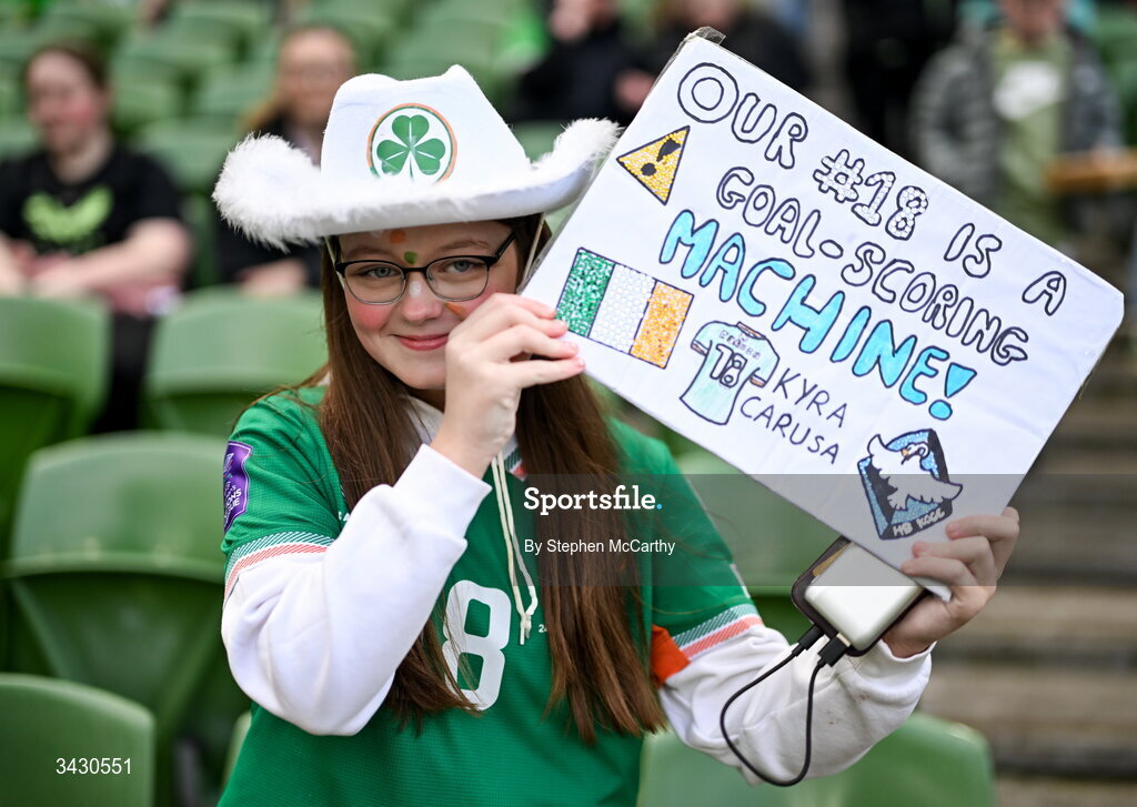 18 April 2026; A Republic of Ireland supporter before the 2027 FIFA Women’s World Cup Qualifier match between Republic of Ireland and Poland at the Aviva Stadium in Dublin. Photo by Stephen McCarthy/Sportsfile