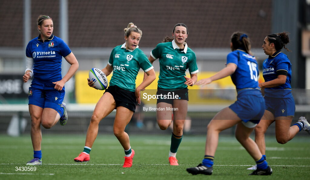 18 April 2026; Lucia Linn of Ireland makes a break during the Women's U21 Six Nations Series match between Ireland and Italy at Dexcom Stadium in Galway. Photo by Brendan Moran/Sportsfile