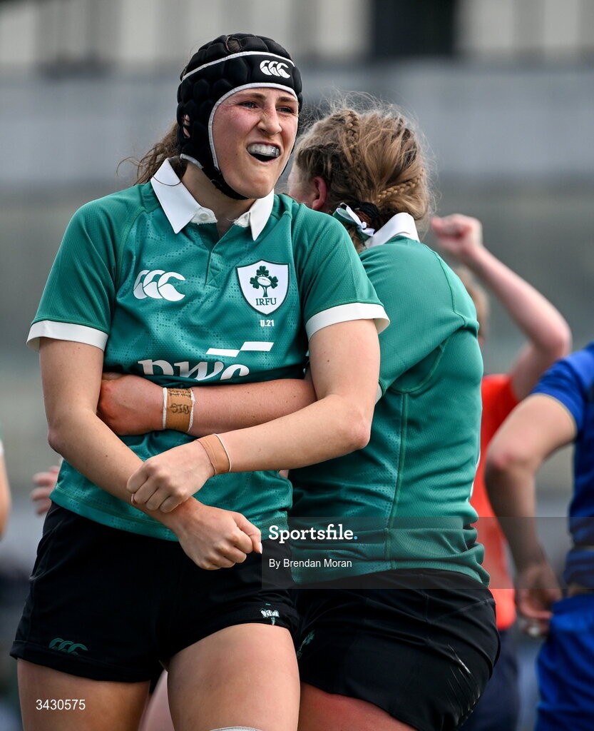 18 April 2026; Aoibhe O'Flynn of Ireland celebrates after her side scored a third try during the Women's U21 Six Nations Series match between Ireland and Italy at Dexcom Stadium in Galway. Photo by Brendan Moran/Sportsfile