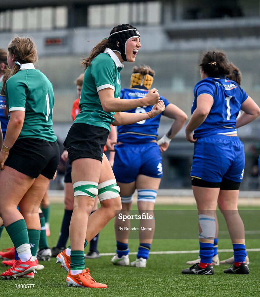 18 April 2026; Aoibhe O'Flynn of Ireland celebrates after her side scored a third try during the Women's U21 Six Nations Series match between Ireland and Italy at Dexcom Stadium in Galway. Photo by Brendan Moran/Sportsfile