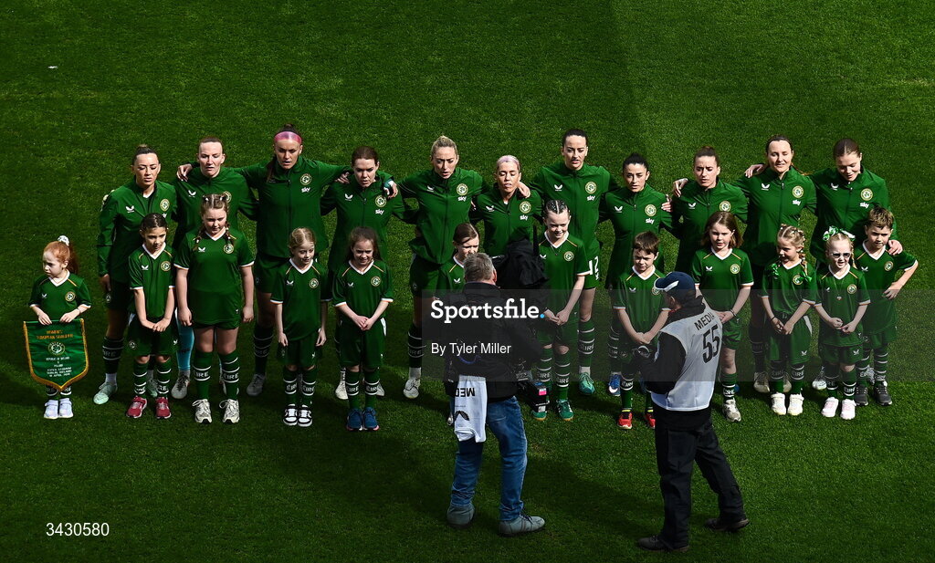 18 April 2026; Republic of Ireland players during the national anthem before the 2027 FIFA Women’s World Cup Qualifier match between Republic of Ireland and Poland at the Aviva Stadium in Dublin. Photo by Tyler Miller/Sportsfile