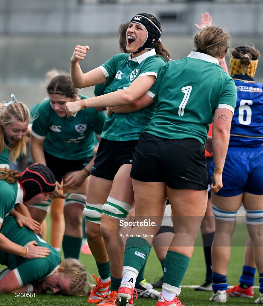18 April 2026; Aoibhe O'Flynn of Ireland celebrates after her side scored a third try during the Women's U21 Six Nations Series match between Ireland and Italy at Dexcom Stadium in Galway. Photo by Brendan Moran/Sportsfile