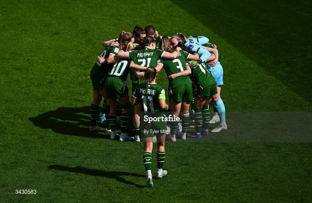 18 April 2026; Katie McCabe of Republic of Ireland joins the team huddle before the 2027 FIFA Women’s World Cup Qualifier match between Republic of Ireland and Poland at the Aviva Stadium in Dublin. Photo by Tyler Miller/Sportsfile