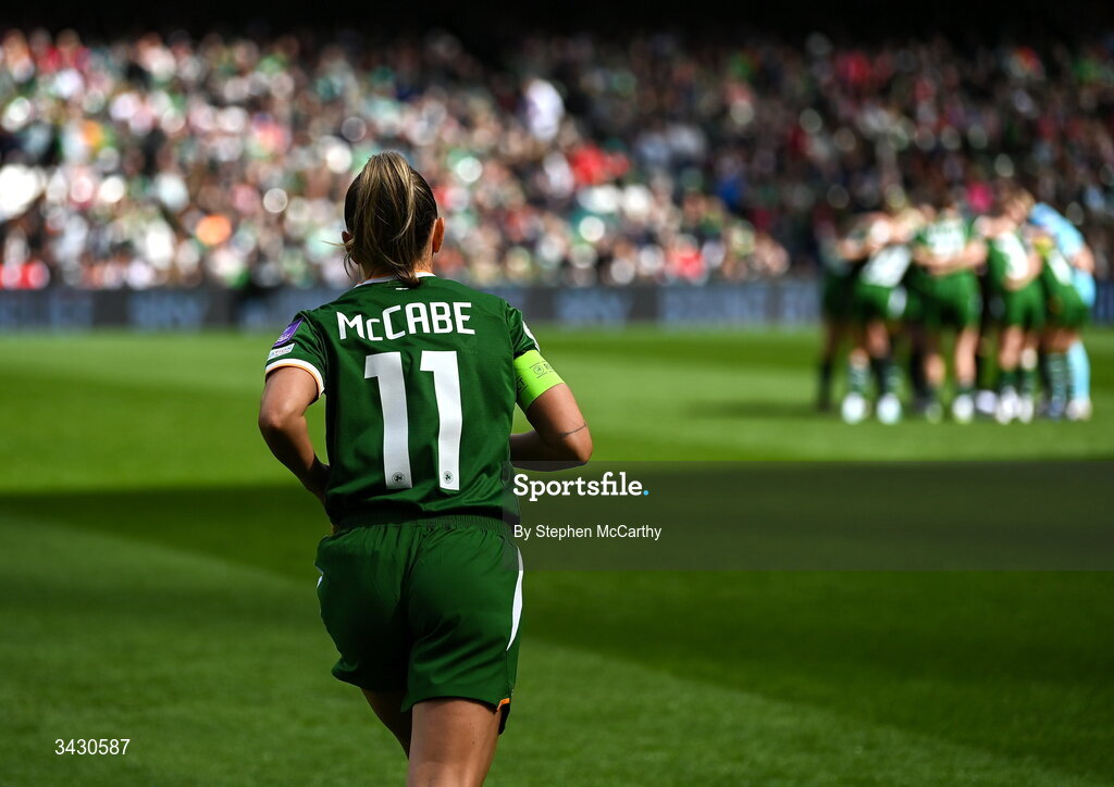 18 April 2026; Katie McCabe of Republic of Ireland runs over to join the team huddle before the 2027 FIFA Women’s World Cup Qualifier match between Republic of Ireland and Poland at the Aviva Stadium in Dublin. Photo by Stephen McCarthy/Sportsfile