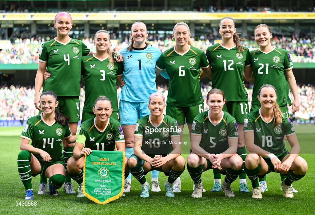 18 April 2026; The Republic of Ireland team pose for a photo before the 2027 FIFA Women’s World Cup Qualifier match between Republic of Ireland and Poland at the Aviva Stadium in Dublin. Photo by Stephen McCarthy/Sportsfile