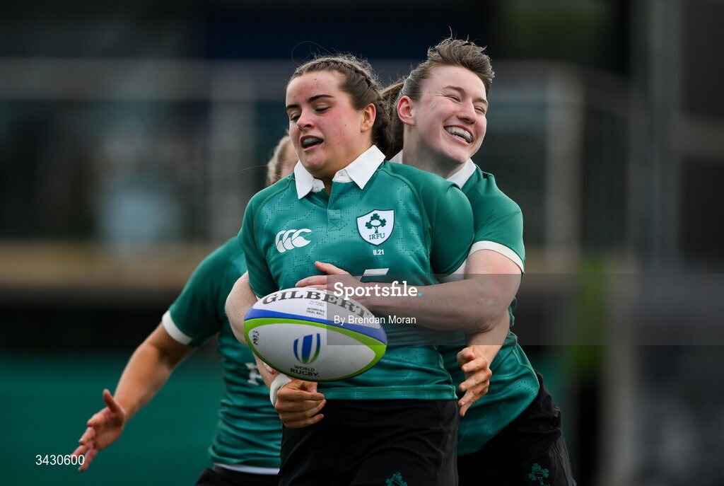 18 April 2026; Katie Corrigan of Ireland, left, celebrates with teammate Niamh Gallagher after scoring their side's sixth try during the Women's U21 Six Nations Series match between Ireland and Italy at Dexcom Stadium in Galway. Photo by Brendan Moran/Sportsfile