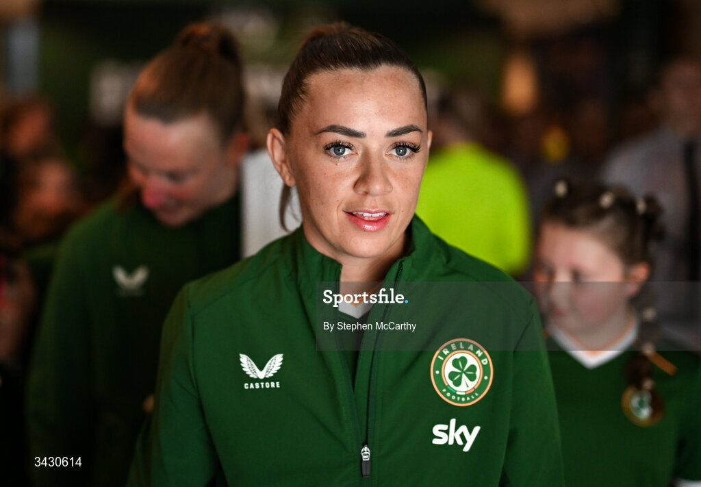18 April 2026; Katie McCabe of Republic of Ireland before the 2027 FIFA Women’s World Cup Qualifier match between Republic of Ireland and Poland at the Aviva Stadium in Dublin. Photo by Stephen McCarthy/Sportsfile