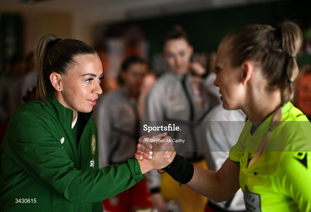 18 April 2026; Katie McCabe of Republic of Ireland with referee Aleksandra Cesen before the 2027 FIFA Women’s World Cup Qualifier match between Republic of Ireland and Poland at the Aviva Stadium in Dublin. Photo by Stephen McCarthy/Sportsfile