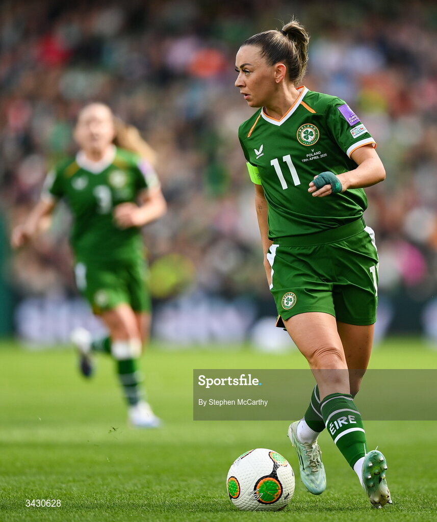18 April 2026; Katie McCabe of Republic of Ireland during the 2027 FIFA Women’s World Cup Qualifier match between Republic of Ireland and Poland at the Aviva Stadium in Dublin. Photo by Stephen McCarthy/Sportsfile