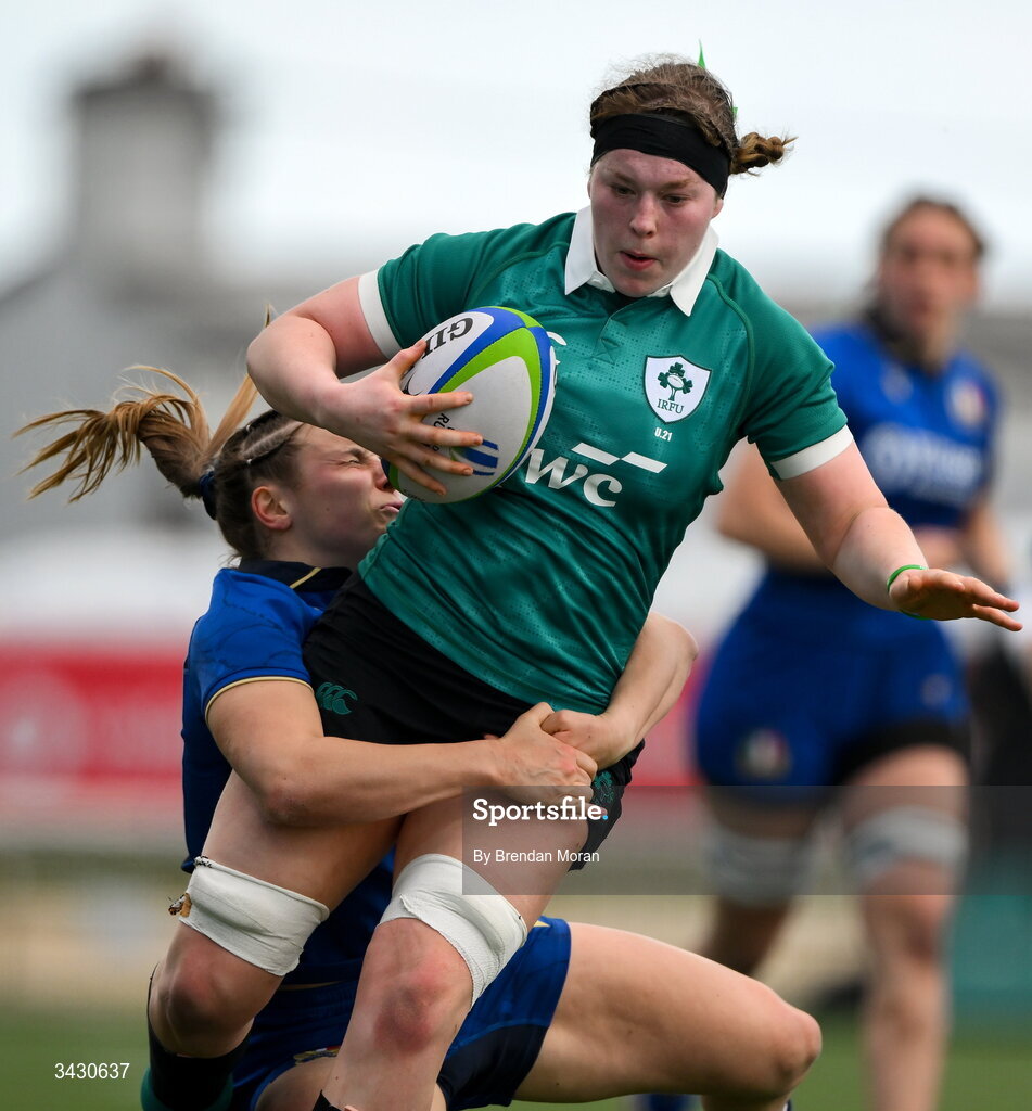 18 April 2026; Aoibheann McGrath of Ireland is tackled by Lucie Moioli of Italy during the Women's U21 Six Nations Series match between Ireland and Italy at Dexcom Stadium in Galway. Photo by Brendan Moran/Sportsfile