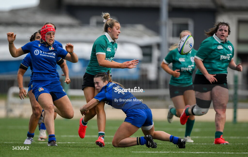 18 April 2026; Lucia Linn of Ireland is tackled by Sofia Catellani of Italy during the Women's U21 Six Nations Series match between Ireland and Italy at Dexcom Stadium in Galway. Photo by Brendan Moran/Sportsfile